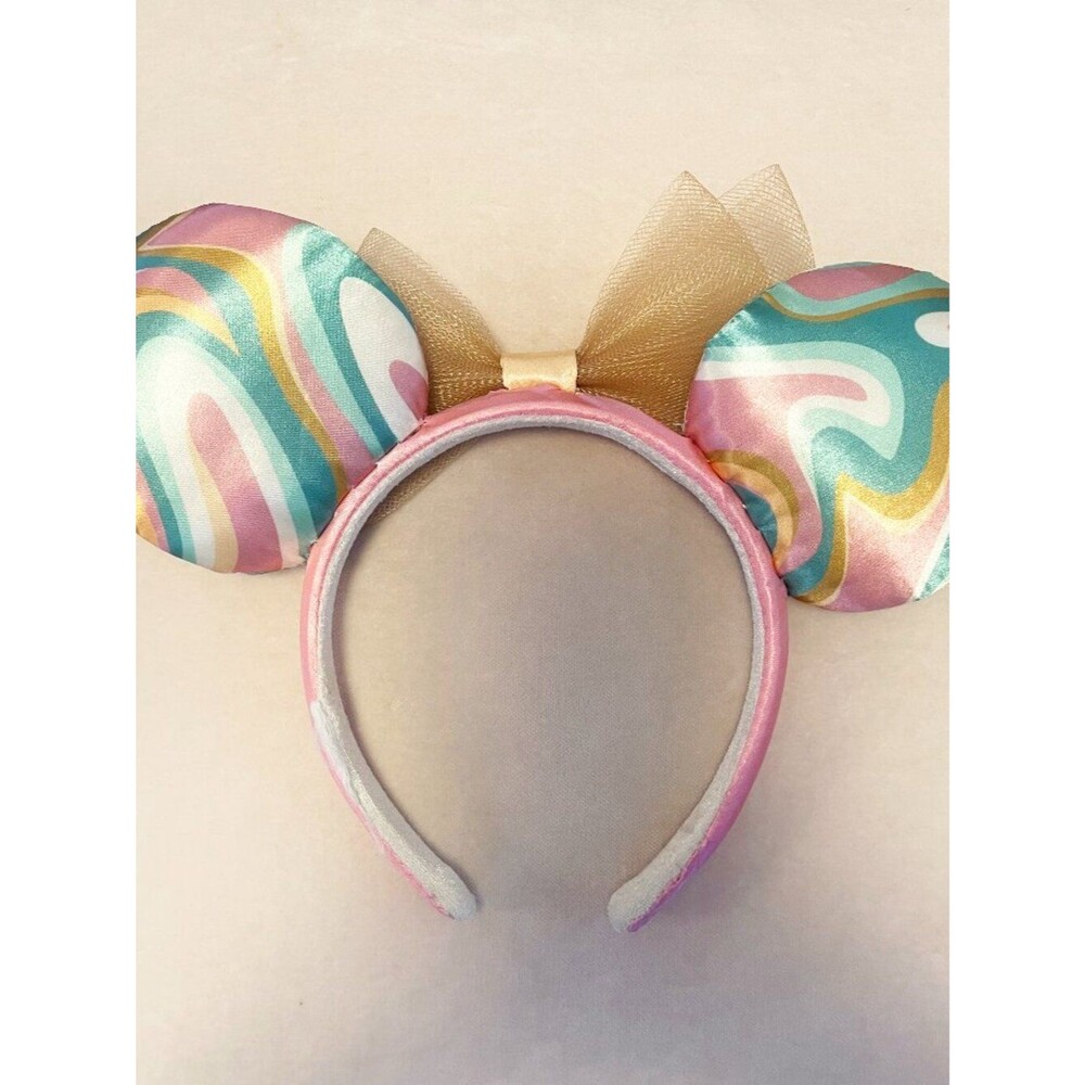 Disney Minnie Mouse Ears Headband Pastel Pink Green Swirl Rainbow Gold Bow Satin - Picture 2 of 5